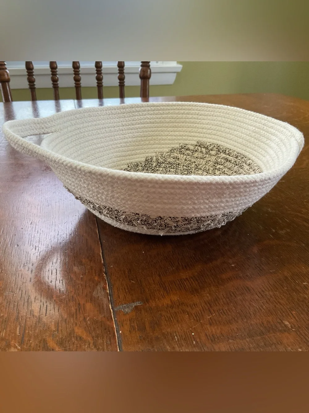 Handmade Coiled Cotton Rope & Fabric Wrapped Decorative Basket with Handles
